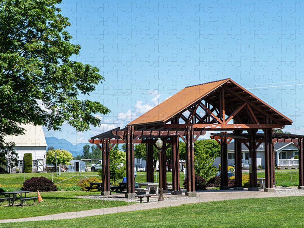 Picnic Shelter And White Barn In Everson Jigsaw Puzzle featuring the photograph Picnic Shelter and White Barn in Everson by Tom Cochran