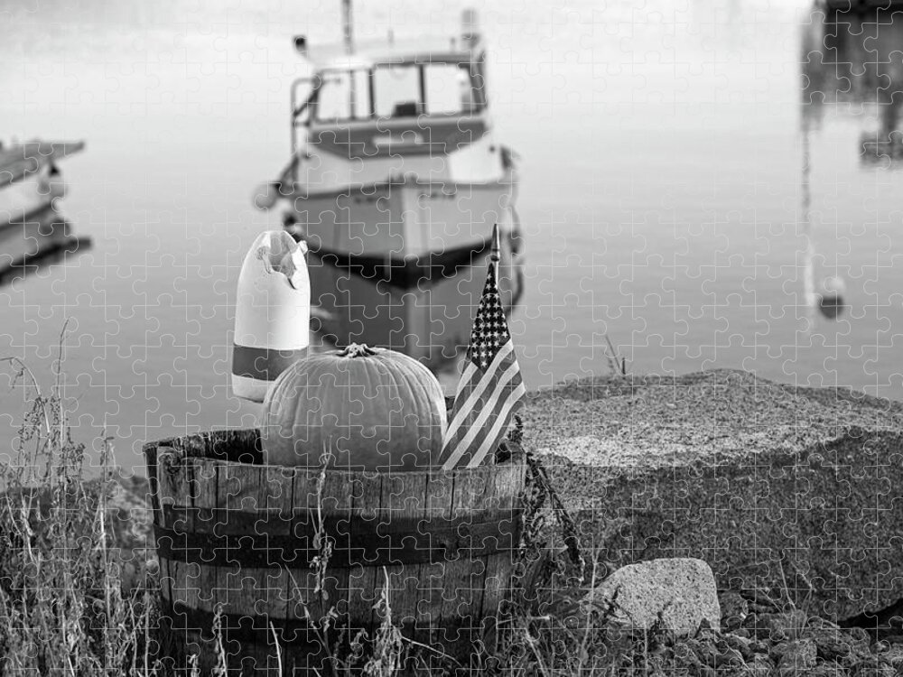 Rockport Jigsaw Puzzle featuring the photograph Pigeon Cove American Flag Pumpkin Buoy Rockport Harbor MA Massachusetts Black and White by Toby McGuire