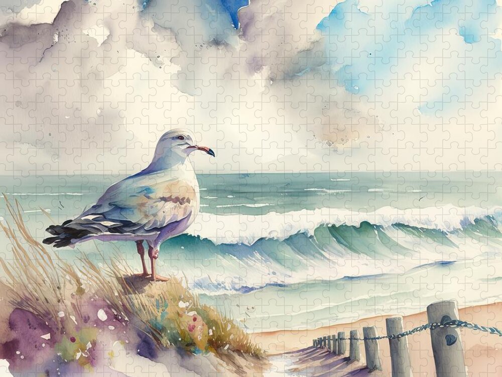 Grey Jigsaw Puzzle featuring the painting Pigeon On Rocket At Beach by N Akkash