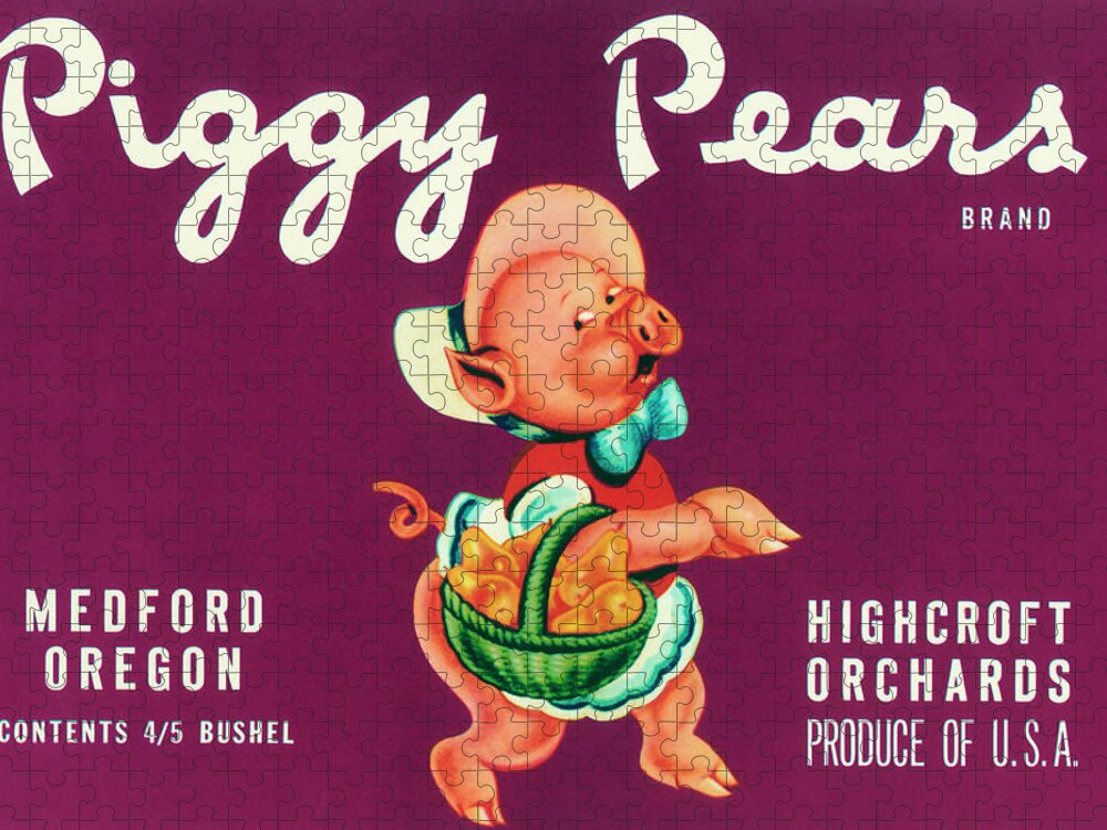 Vintage Jigsaw Puzzle featuring the drawing Piggy Pears Crate Label by Vintage Food Labels