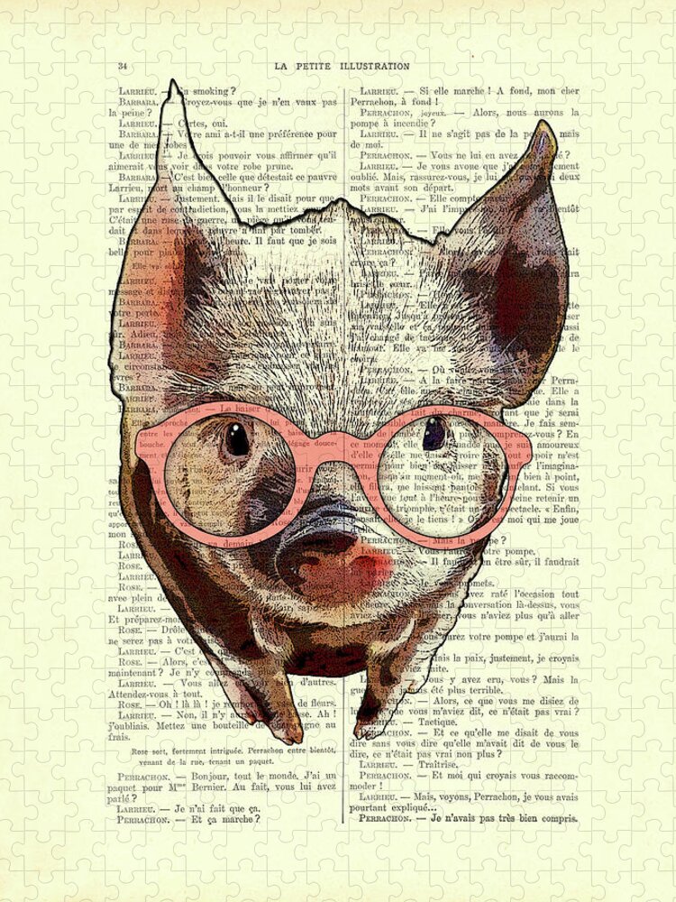 Pig Jigsaw Puzzle featuring the mixed media Piglet with pink glasses by Madame Memento