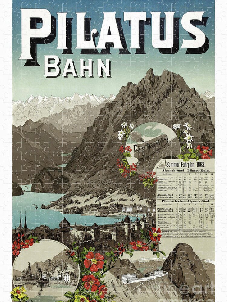 Swiss Jigsaw Puzzle featuring the drawing Pilatus Bahn Switzerland Vintage Travel Poster Restored 1893 by Vintage Treasure