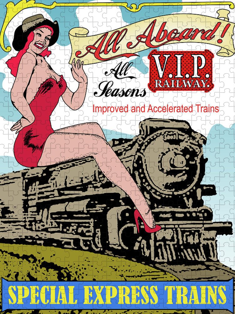 Sexy Jigsaw Puzzle featuring the digital art Pin-up girl on a steam train by Long Shot