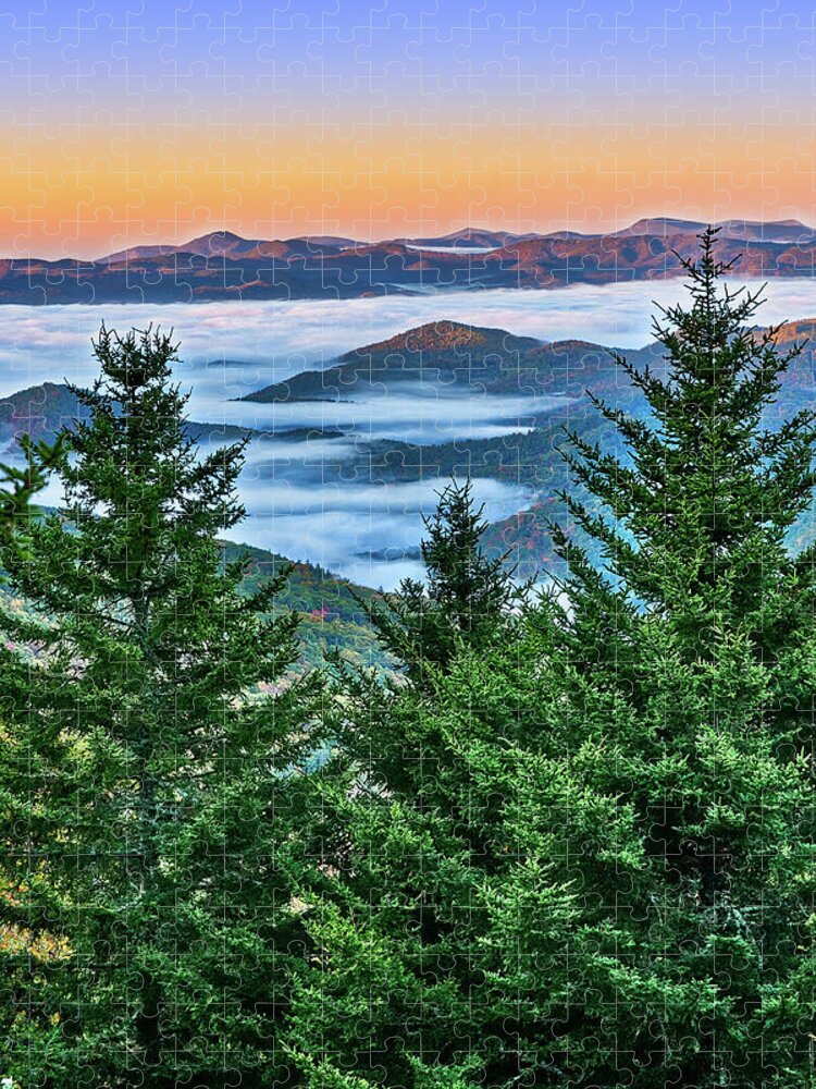 North Carolina Jigsaw Puzzle featuring the photograph Pines and Low Clouds at Sunrise by Dan Carmichael