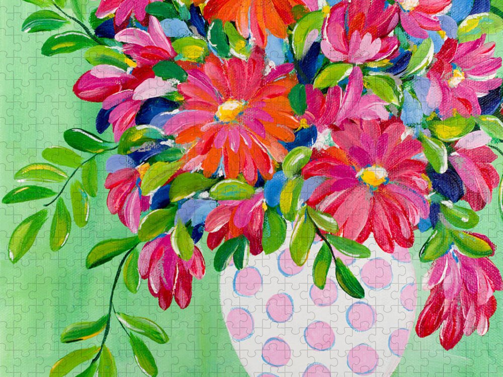 Flowers Jigsaw Puzzle featuring the painting Pink Dotted Vase by Beth Ann Scott