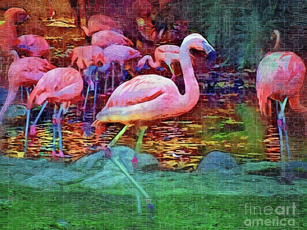 Flamingo Jigsaw Puzzle featuring the digital art Pink Flamingos by Kirt Tisdale