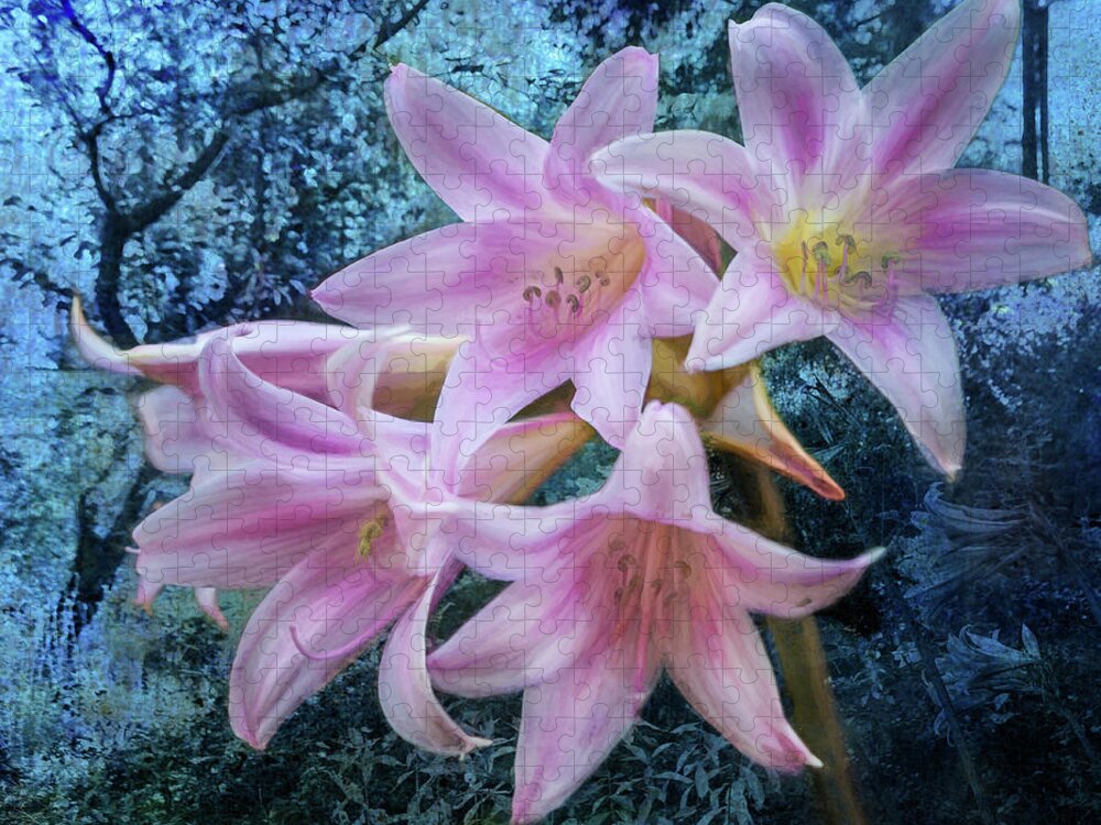Pink Day-lilies Jigsaw Puzzle featuring the photograph Pink Fluted Flowers From the Garden Before the Fall by Belinda Greb