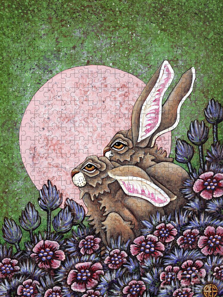 Hare Jigsaw Puzzle featuring the painting Pink Moon Proposal by Amy E Fraser