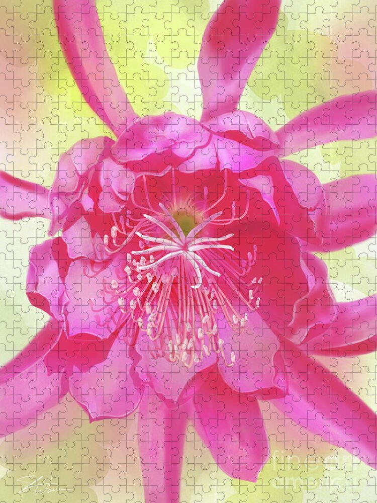 Orchid Jigsaw Puzzle featuring the mixed media Pink Orchid Cactus by Shari Warren
