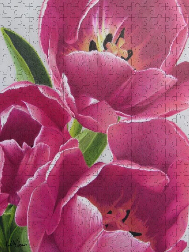 Tulips Jigsaw Puzzle featuring the drawing Pink Petals by Kelly Speros