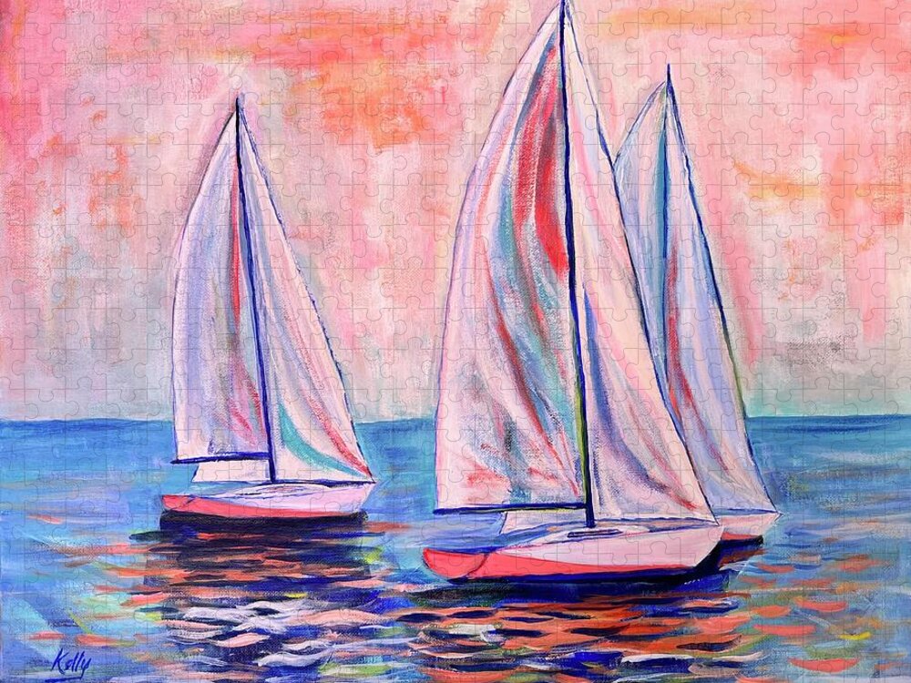 Sailing Jigsaw Puzzle featuring the painting Pink Sky at Night by Kelly Smith