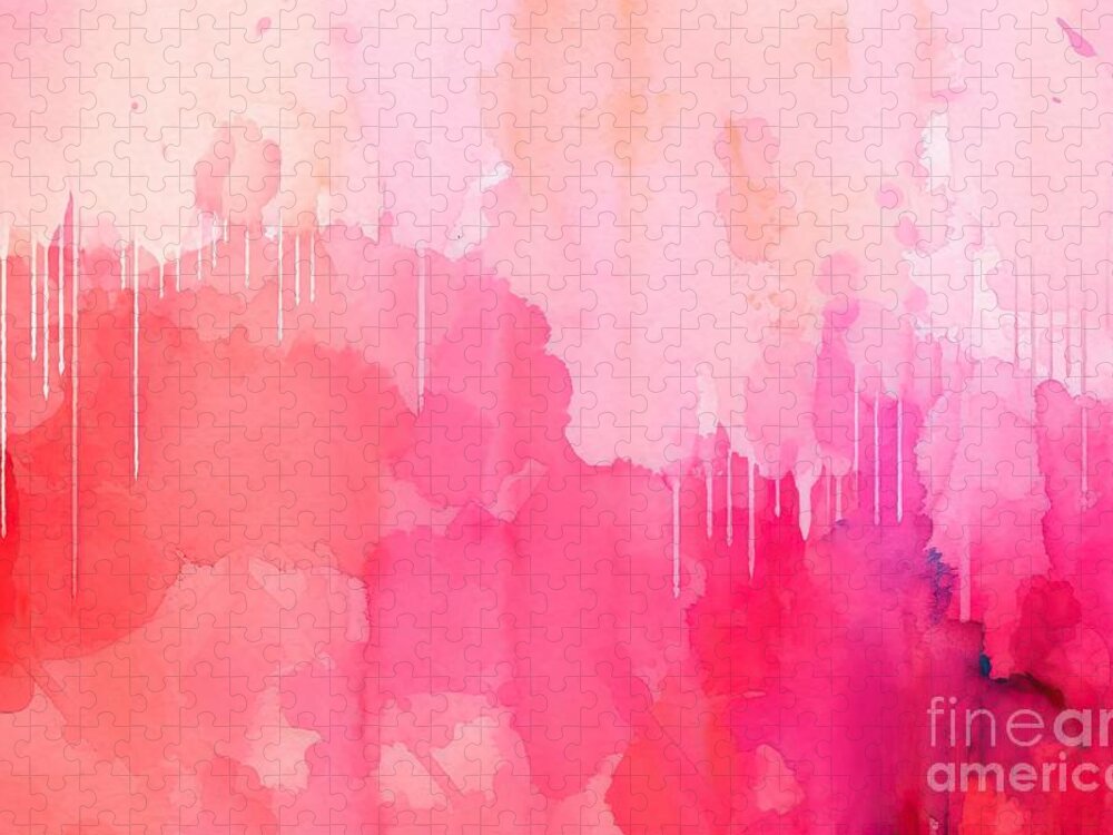 Background Jigsaw Puzzle featuring the painting Pink watercolor background painting with abstract fringe and bleed paint drips and drops, painted paper texture design by N Akkash