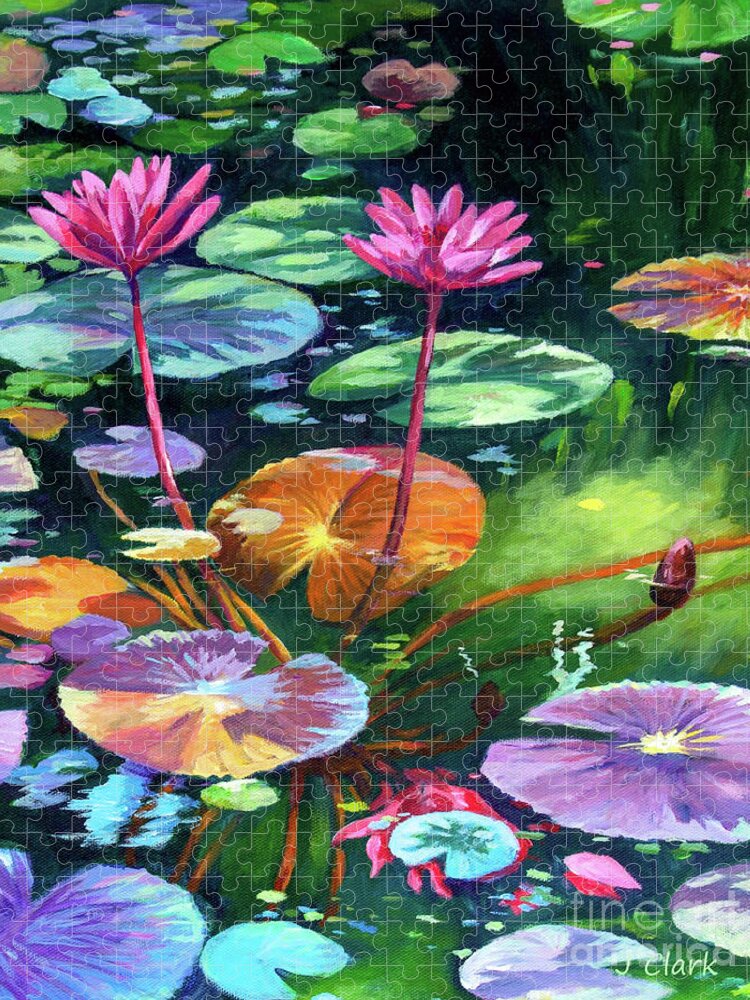 Pink Jigsaw Puzzle featuring the painting Pink Waterlilies by John Clark
