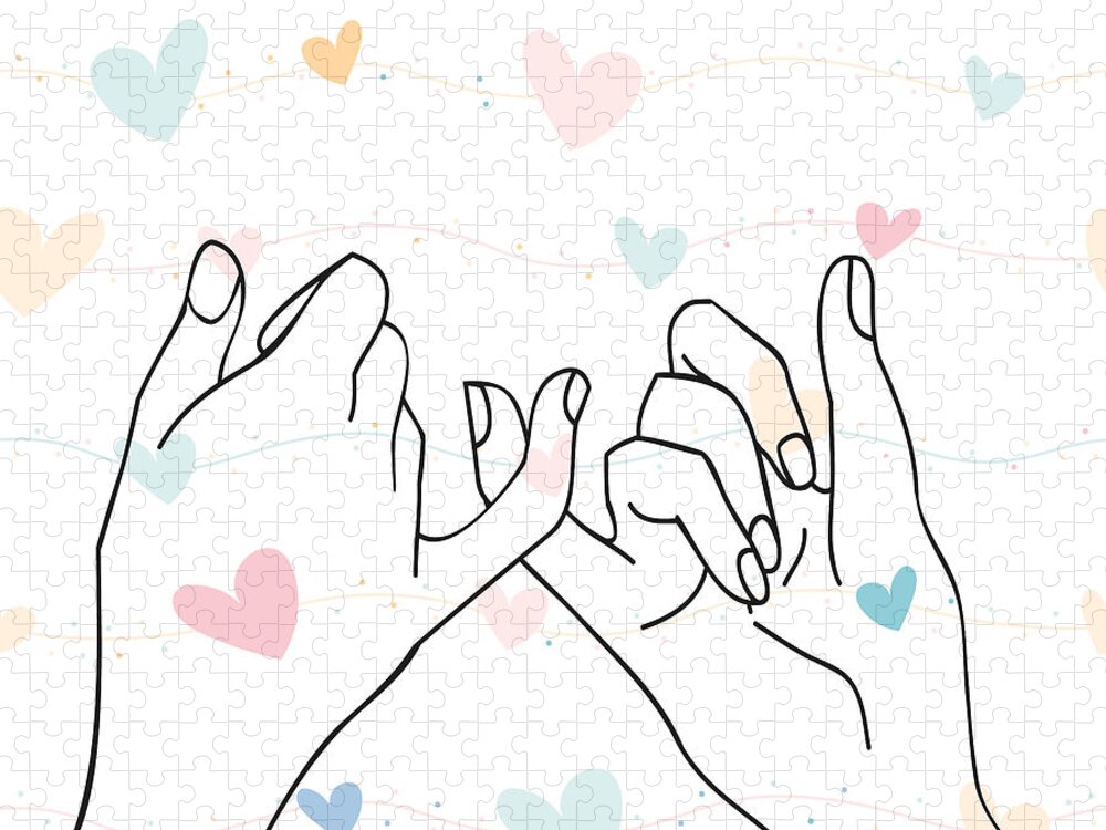 Romantic couple pinky promise line art, pinky swear contour drawings,  minimalist lovers holding hands one line drawing, Doodle flower on  watercolor