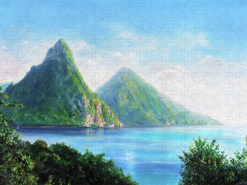 Saint Lucia. Pitons Jigsaw Puzzle featuring the painting Pitons- early afternoon by Jonathan Guy-Gladding JAG