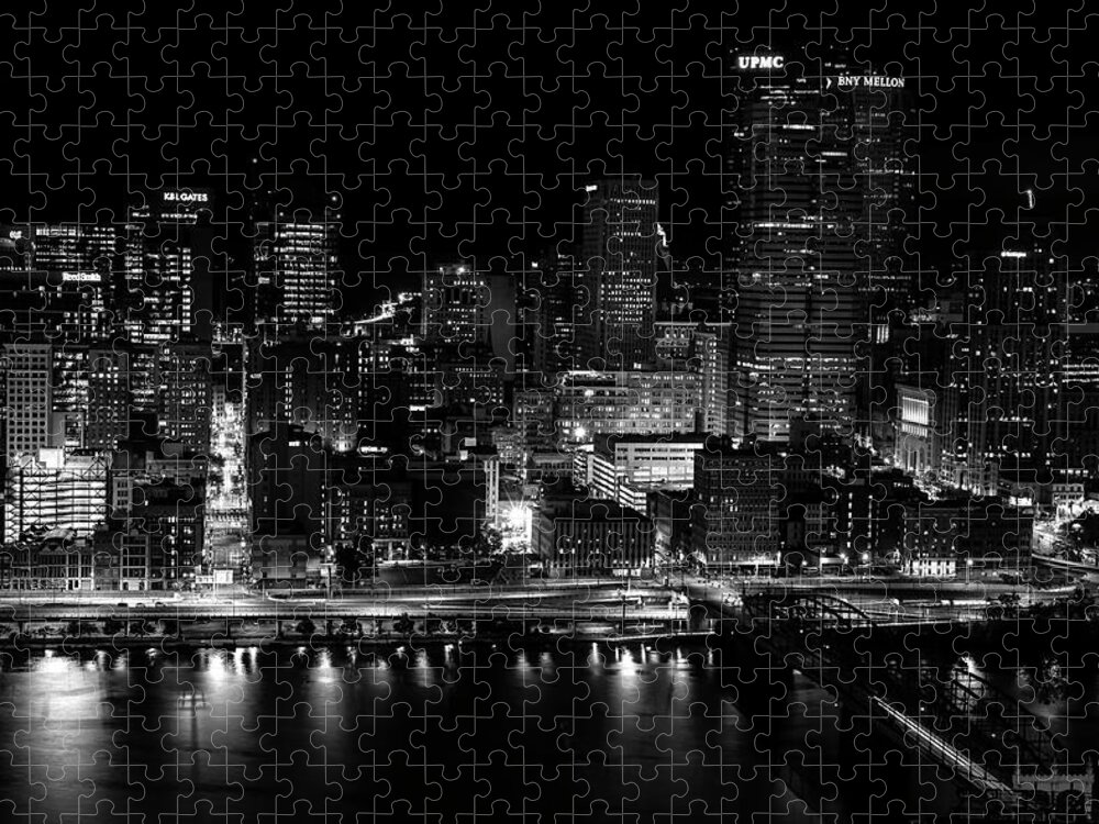 Pittsburgh At Night Black And White Jigsaw Puzzle featuring the photograph Pittsburgh At Night Black And White by Dan Sproul