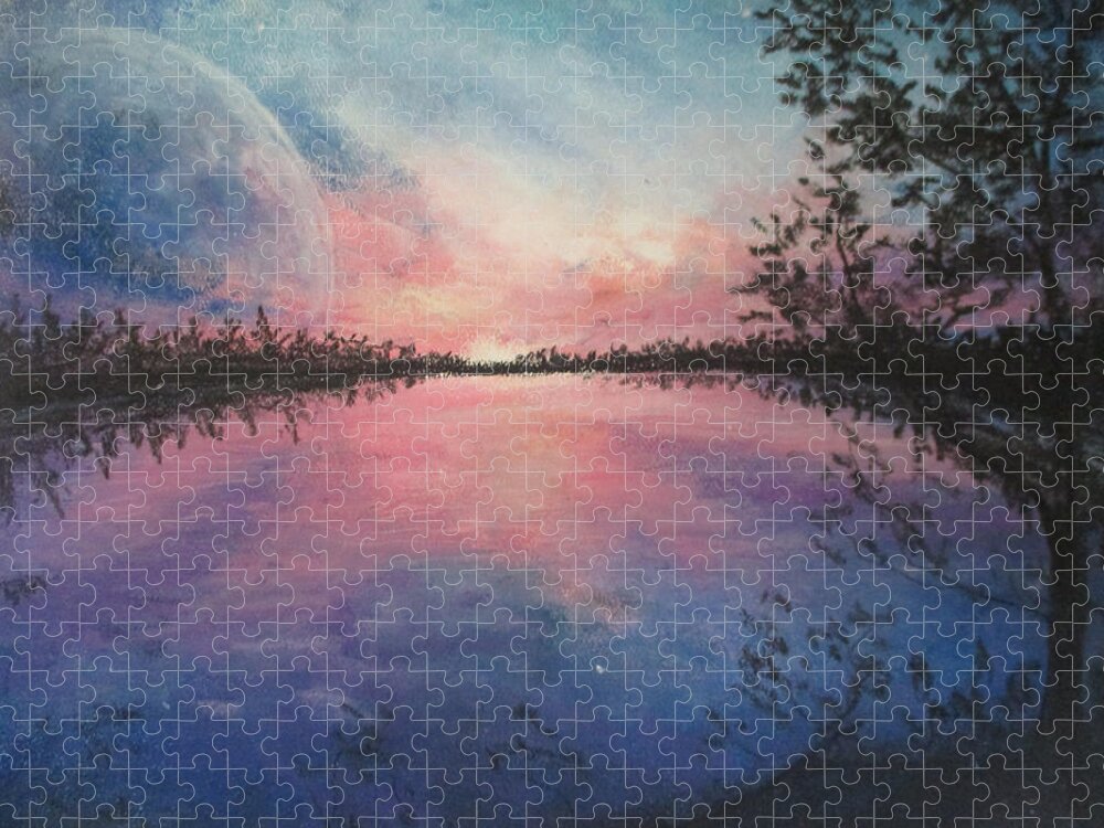 Chromatic Sunset Jigsaw Puzzle featuring the painting Planet Sunset by Jen Shearer
