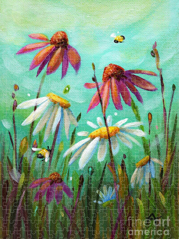 Flowers Jigsaw Puzzle featuring the painting Playground Friends - Cone Flowers and Daisies by Annie Troe