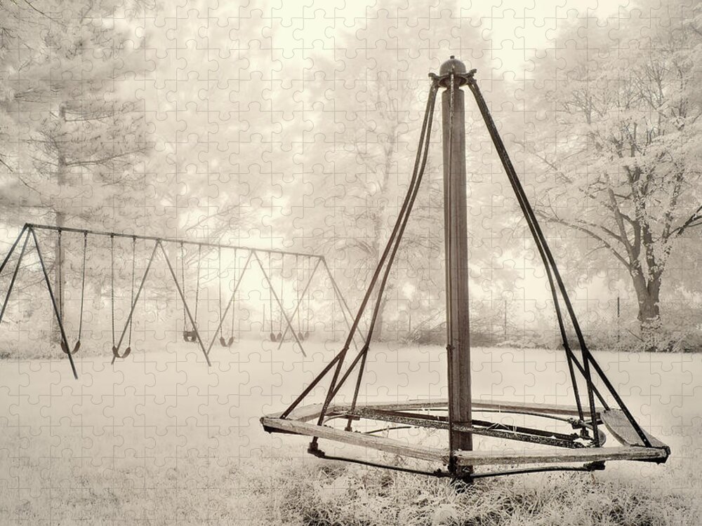 Swingset Jigsaw Puzzle featuring the photograph Playground Memories - swings and witches-hat merry go round at Cooksville WI schoolhouse in infrared by Peter Herman