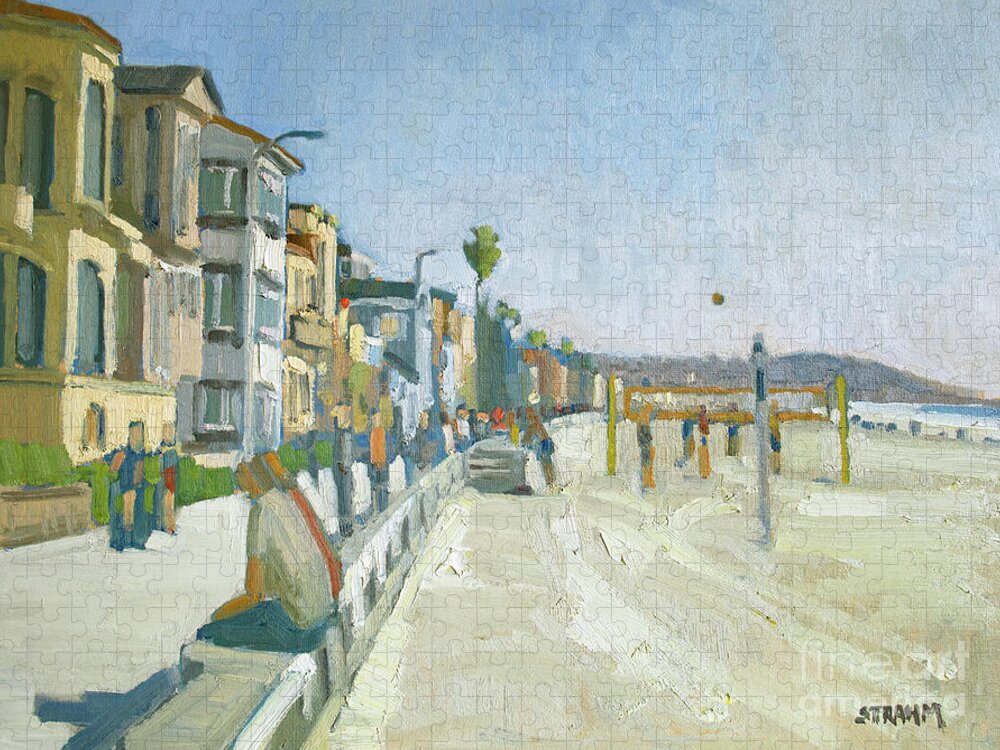 Beach Volleyball Jigsaw Puzzle featuring the painting Playing Beach Volleyball - Pacific Beach, San Diego, California by Paul Strahm