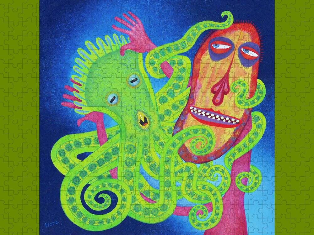 Visionary Visionaryart Art Painting 16x16 Octopus Play Playing Hug Jigsaw Puzzle featuring the painting Playing With The Octopus by Hone Williams