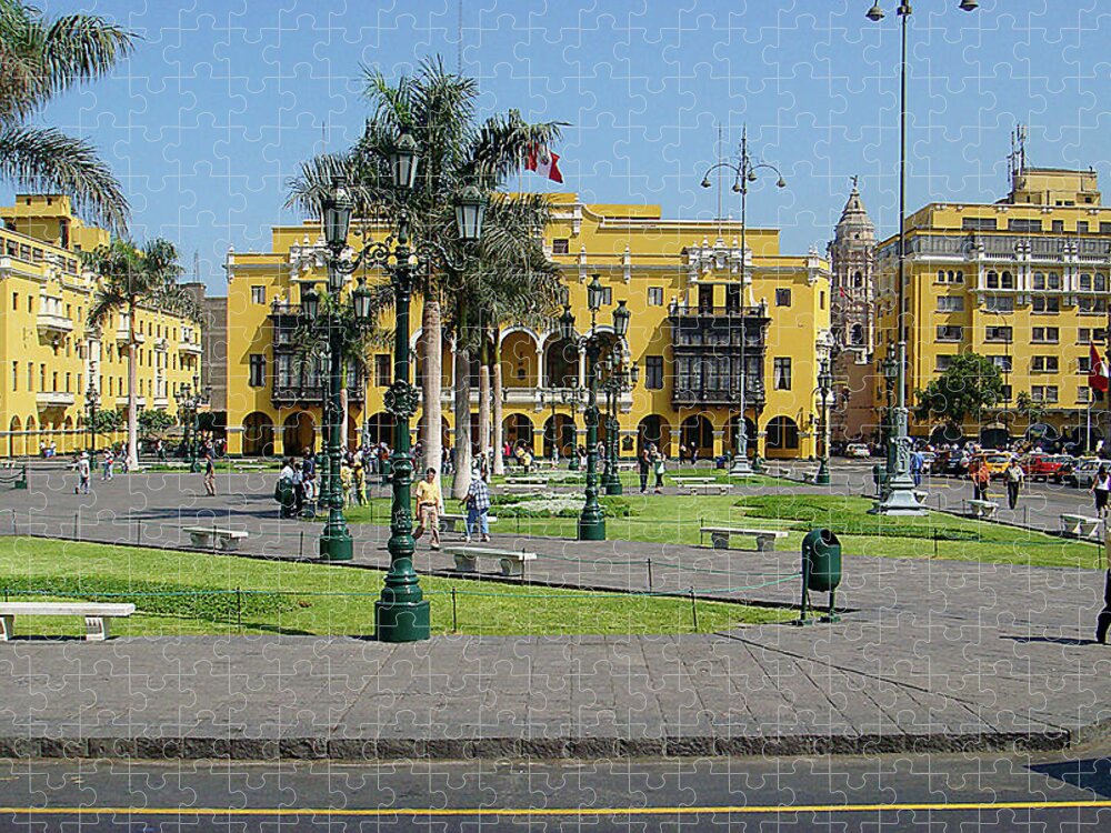 Yellow Buildings Jigsaw Puzzle featuring the photograph Plaza Mayor Lima Peru by Karen Zuk Rosenblatt