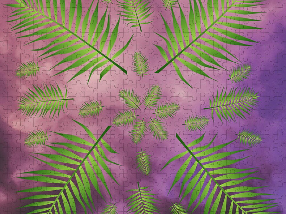 Palm Jigsaw Puzzle featuring the digital art Plethora of Palm Leaves 18 on a Purple and Pink sky by Ali Baucom