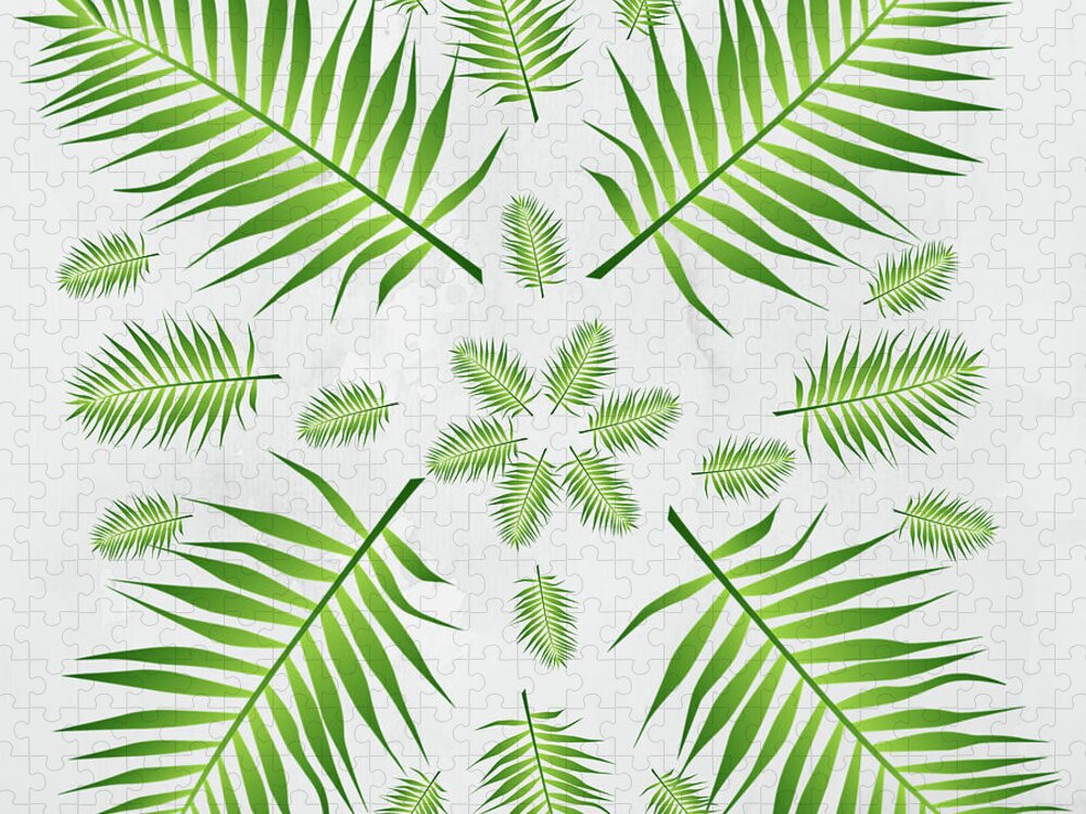 Palm Jigsaw Puzzle featuring the digital art Plethora of Palm Leaves 21 on a White Textured Background by Ali Baucom