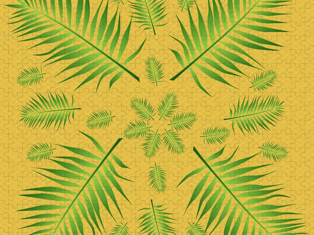 Palm Jigsaw Puzzle featuring the digital art Plethora of Palm Leaves 22 on a Yellow Diamond Background by Ali Baucom
