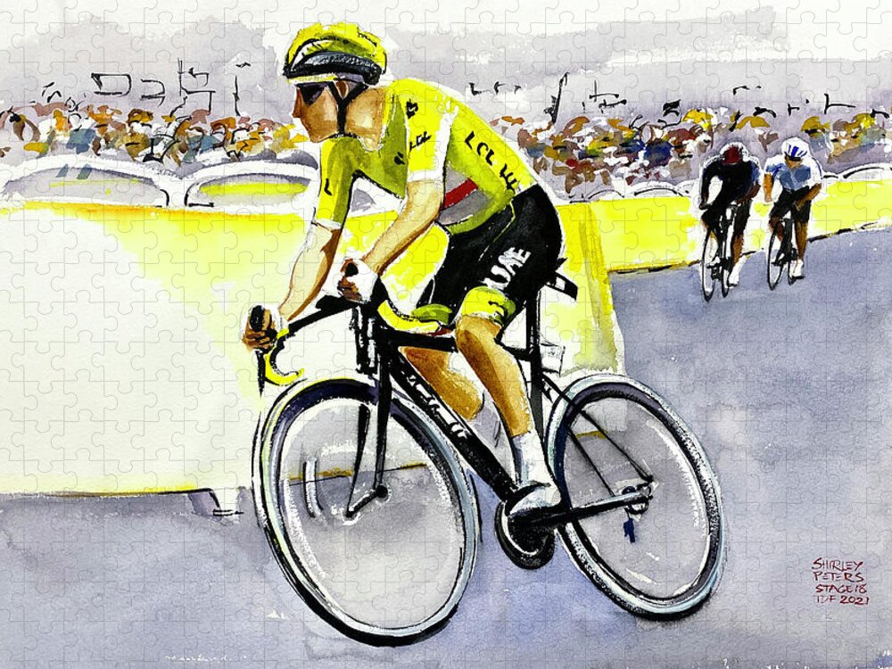 Le Tour De France Jigsaw Puzzle featuring the painting Pogacar on Tourmalet Stage 18 TDF2021 by Shirley Peters
