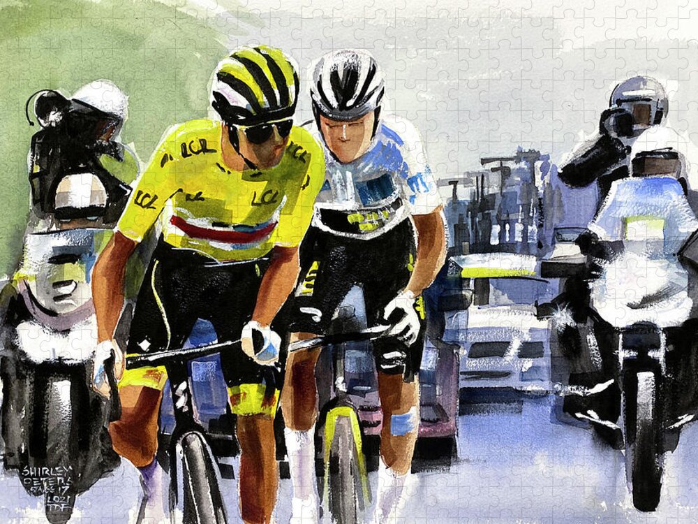 Le Tour De France Jigsaw Puzzle featuring the painting Pogacar Vingegaard, Stage 17 TDF2021 by Shirley Peters