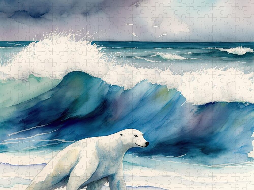 Fur Jigsaw Puzzle featuring the painting Polar Bear At Beach by N Akkash