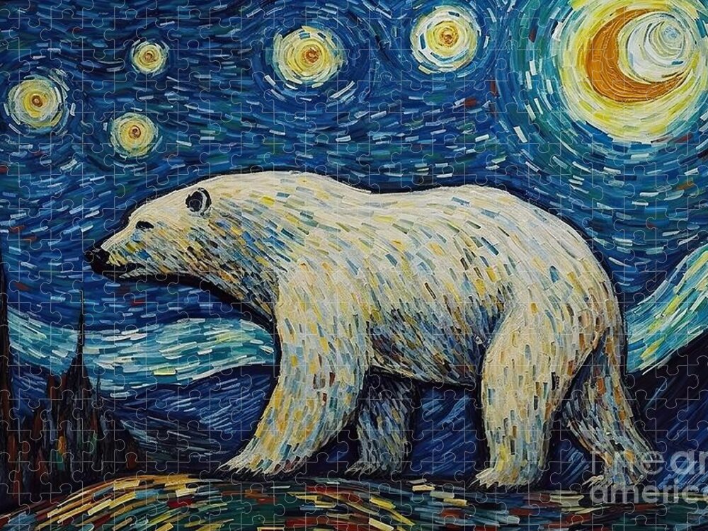 Drawing Jigsaw Puzzle featuring the painting Polar Bear Starry Night by N Akkash