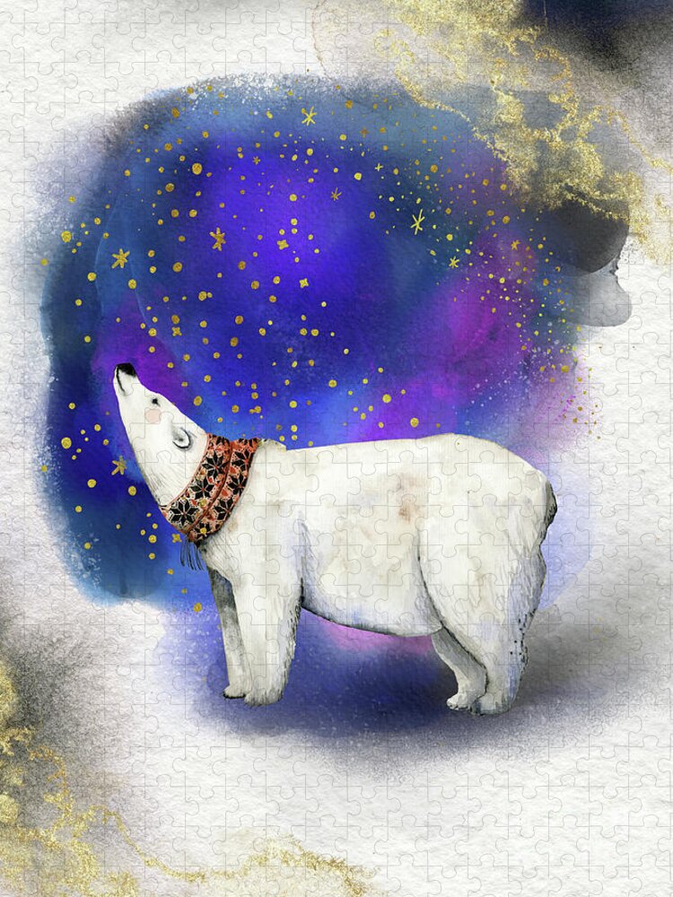 Polar Bear Jigsaw Puzzle featuring the painting Polar Bear With Golden Stars by Garden Of Delights