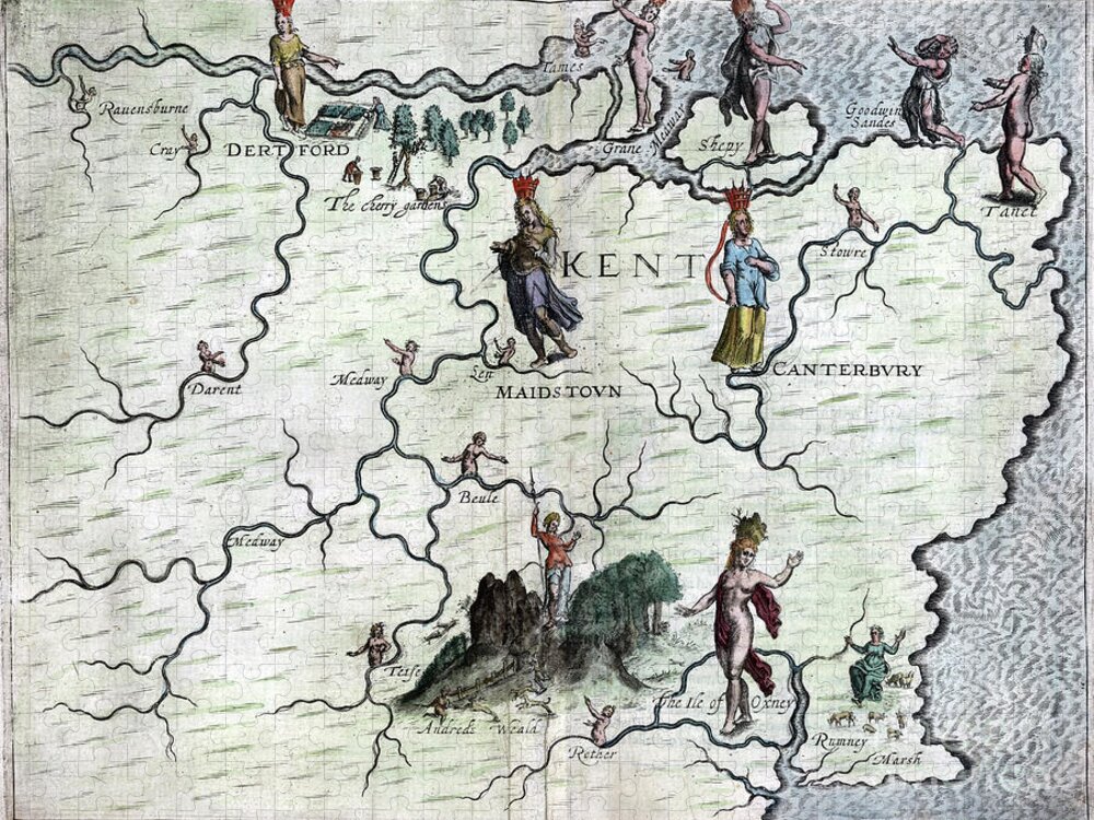 1622 Jigsaw Puzzle featuring the drawing Poly-Olbion - Map of Kent, England by Michael Drayton