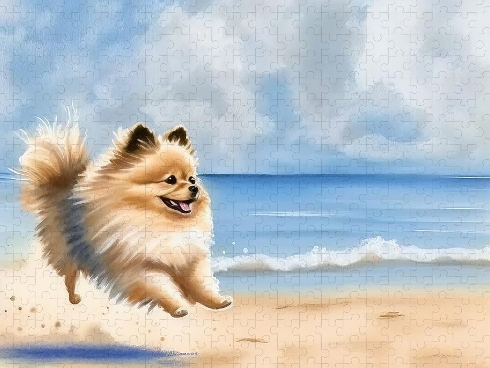 Pomeranian Jigsaw Puzzle featuring the painting Pomeranian at beach by N Akkash
