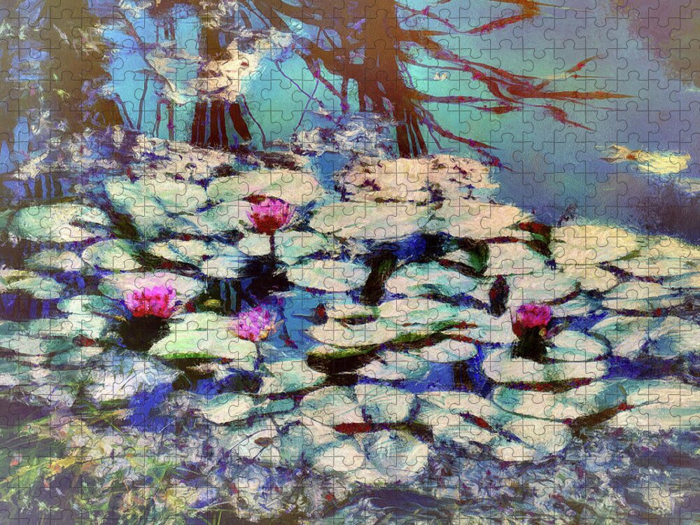 Pond Jigsaw Puzzle featuring the mixed media Pond Lilies at the End of Summer by Christopher Reed