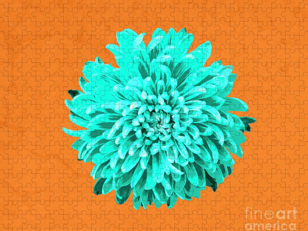 Pop Art Flowers Chrysanthemum Fine Art Photography  Jigsaw Puzzle featuring the photograph PopART Chrysanthemum-Turquoise by Renee Spade Photography