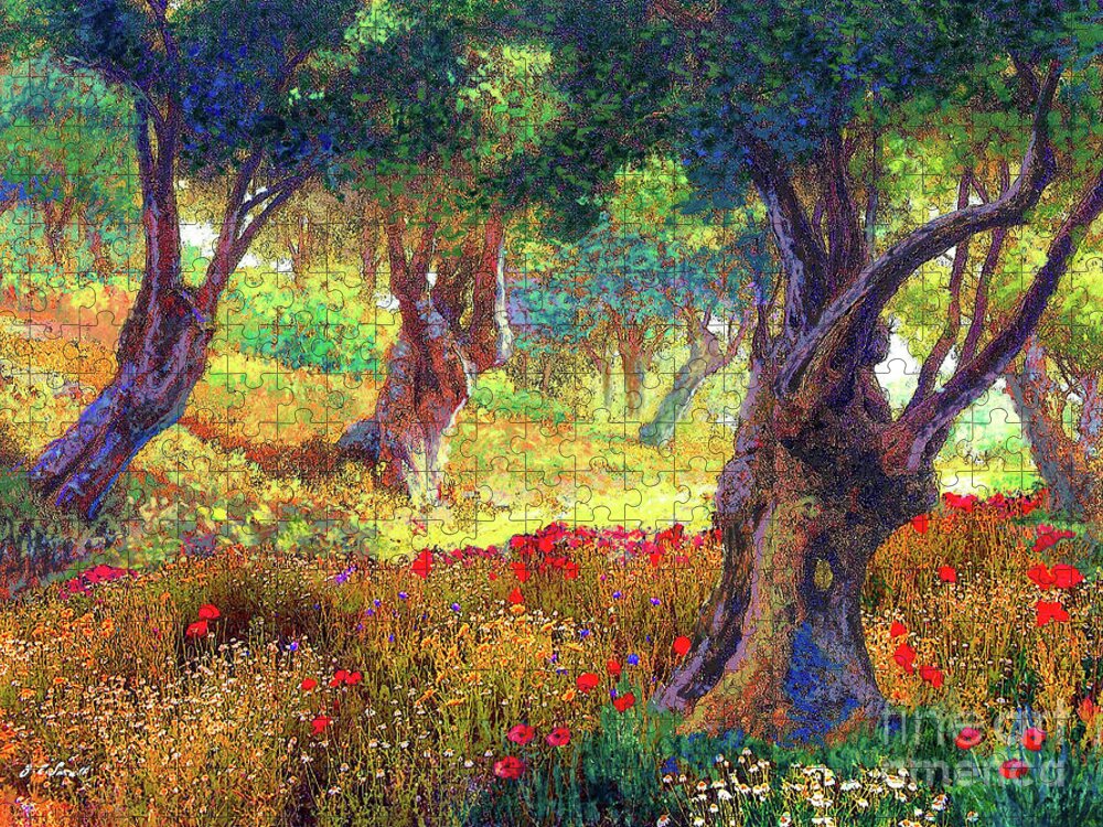 Landscape Jigsaw Puzzle featuring the painting Poppies and Olive Trees by Jane Small