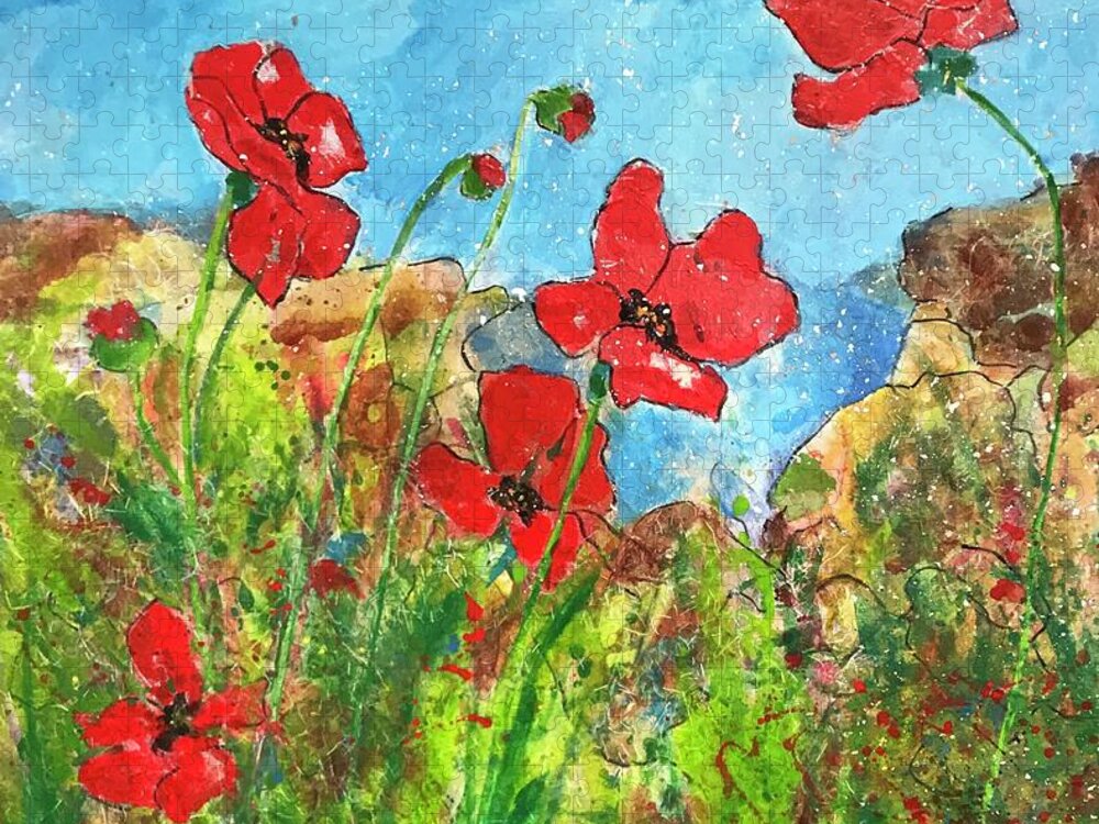Poppies Jigsaw Puzzle featuring the painting Poppies by the Sea II by Elaine Elliott