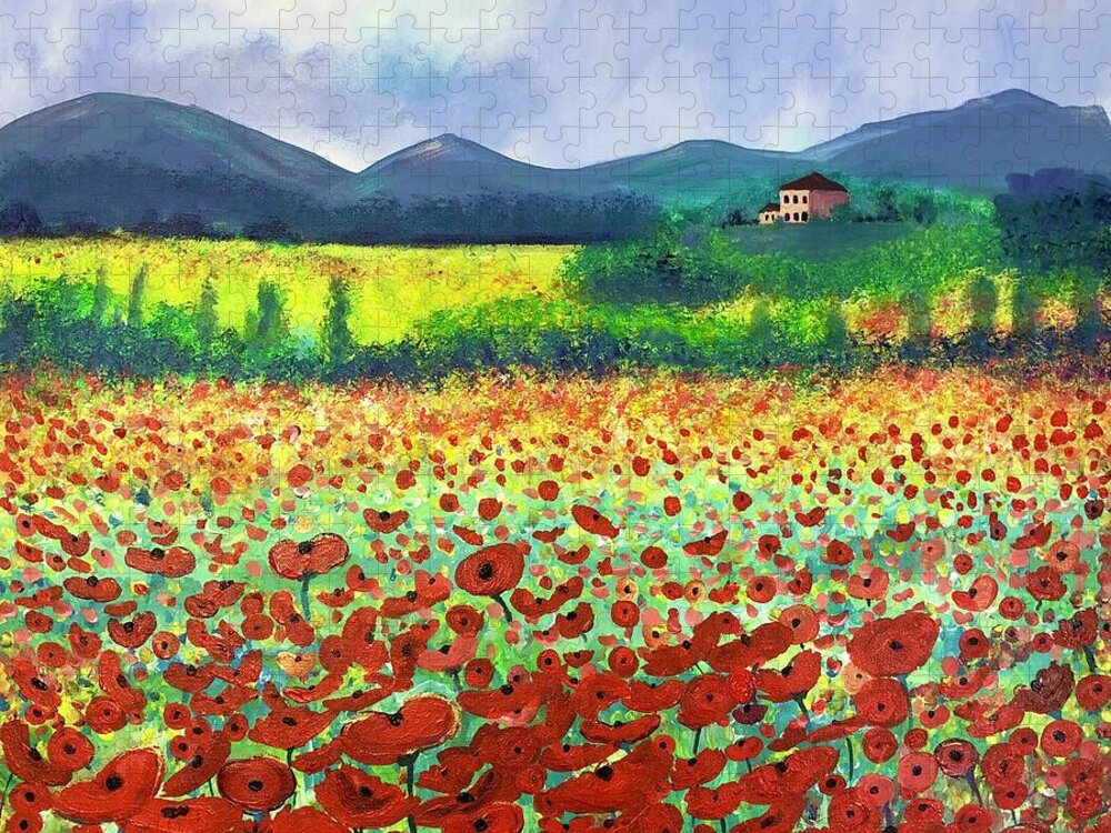 Poppies Jigsaw Puzzle featuring the painting Poppies in Tuscany by Stacey Zimmerman