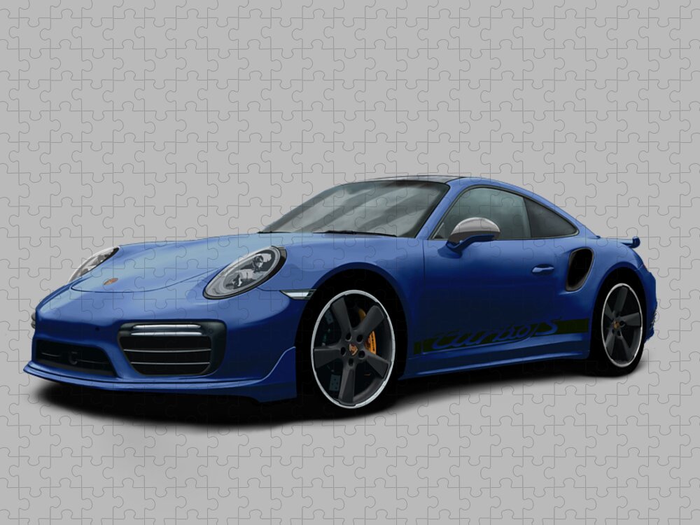 Hand Drawn Jigsaw Puzzle featuring the digital art Porsche 911 991 Turbo S Digitally Drawn - Dark Blue with side decals script by Moospeed Art