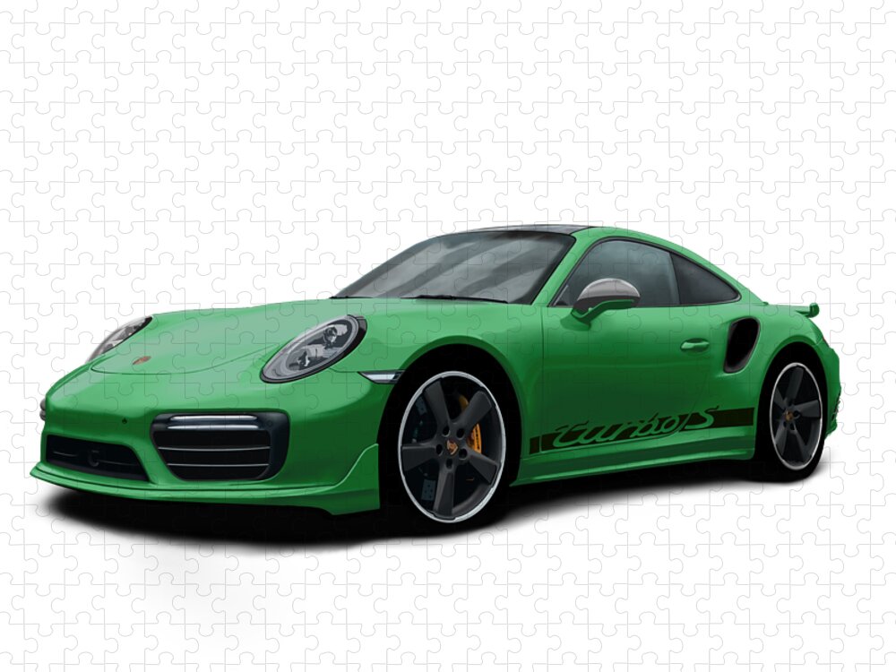 Hand Drawn Jigsaw Puzzle featuring the digital art Porsche 911 991 Turbo S Digitally Drawn - Green with side decals script by Moospeed Art