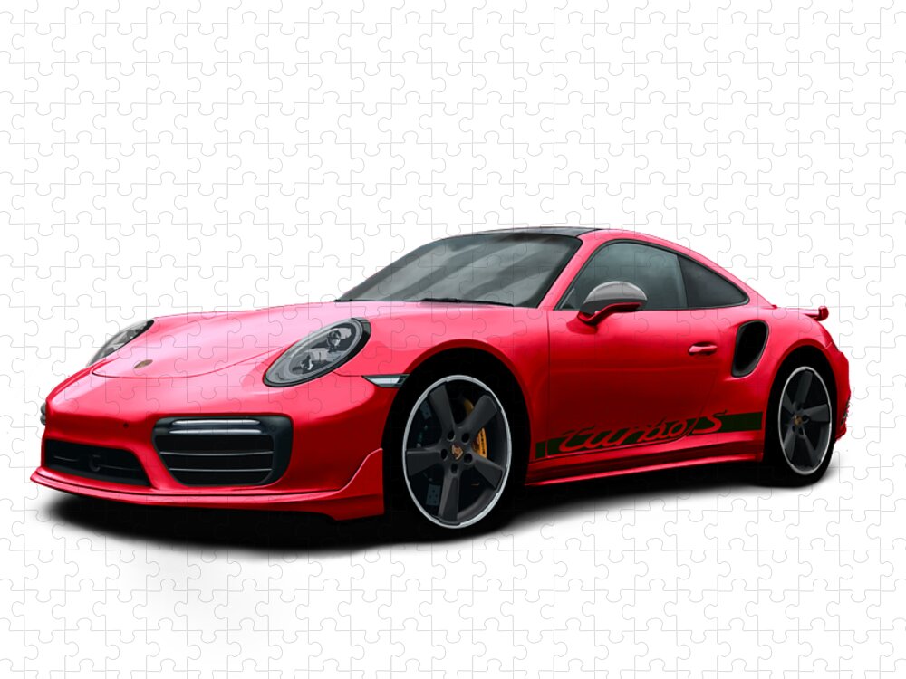 Hand Drawn Jigsaw Puzzle featuring the digital art Porsche 911 991 Turbo S Digitally Drawn - Red with side decals script by Moospeed Art