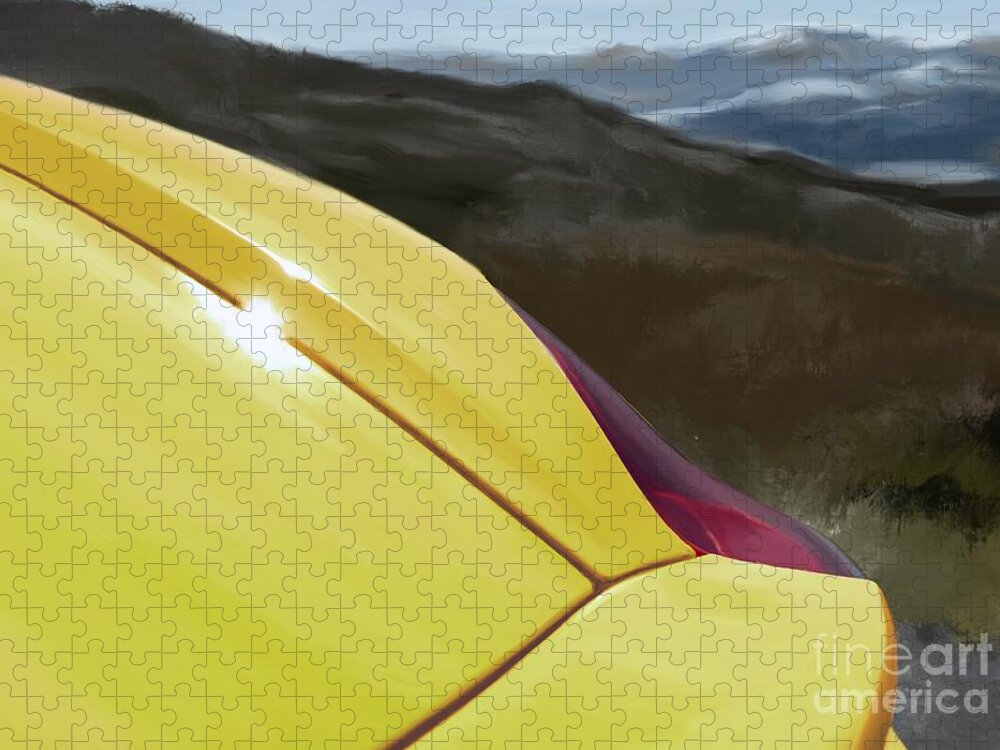 Hand Drawn Jigsaw Puzzle featuring the digital art Porsche Boxster 981 Curves Digital Oil Painting - Racing Yellow by Moospeed Art