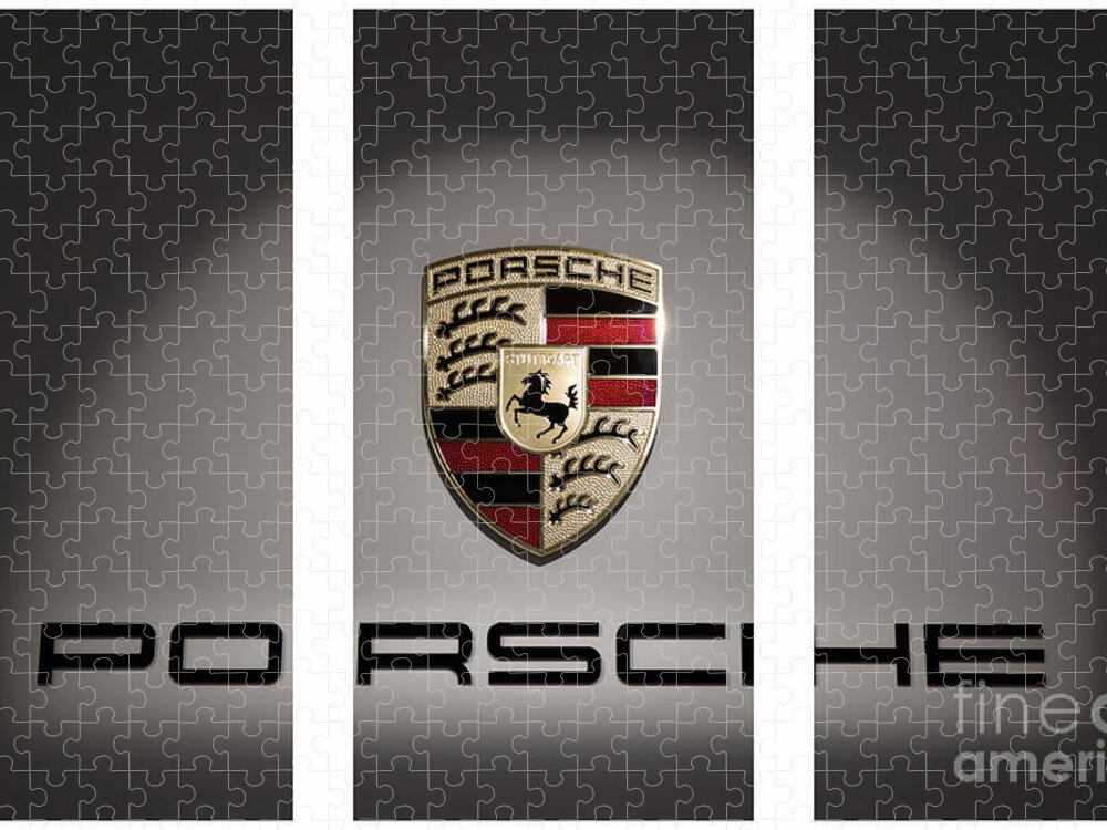 Triptych.porsche Logo Jigsaw Puzzle featuring the photograph Porsche Car Emblem Triptych by Stefano Senise