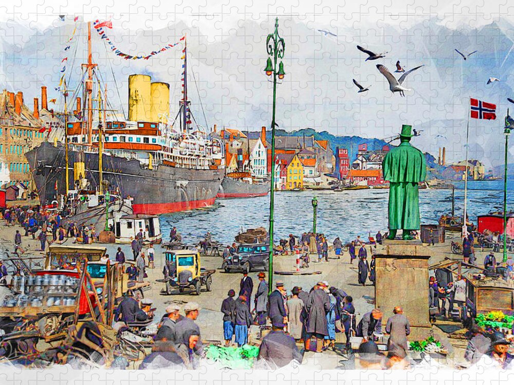Stavanger Jigsaw Puzzle featuring the digital art Port of Stavanger 1930s by Geir Rosset