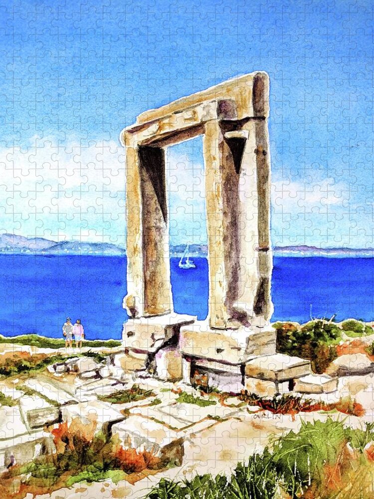 Greece Jigsaw Puzzle featuring the painting Portara Apollo Temple Naxos Greece by Carlin Blahnik CarlinArtWatercolor