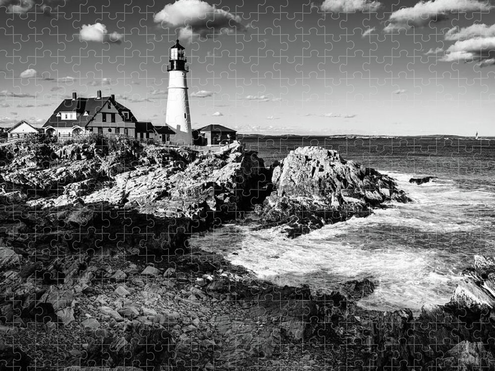 America Jigsaw Puzzle featuring the photograph Portland Head Light BW by Alexey Stiop