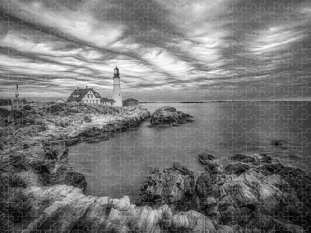 Portland Jigsaw Puzzle featuring the photograph Portland Head Light ME BW by Susan Candelario